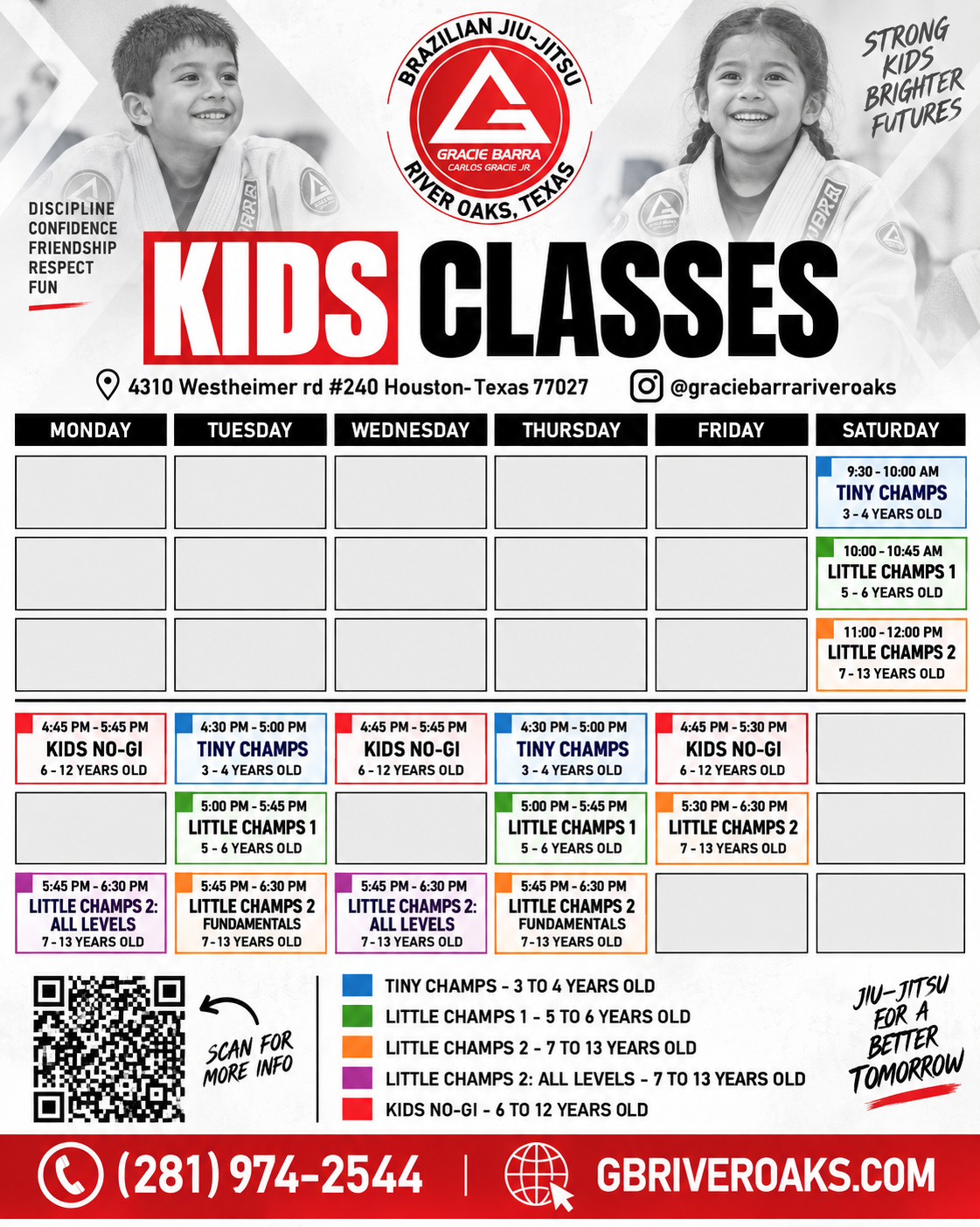 Schedule for the kids classes at Gracie Barra